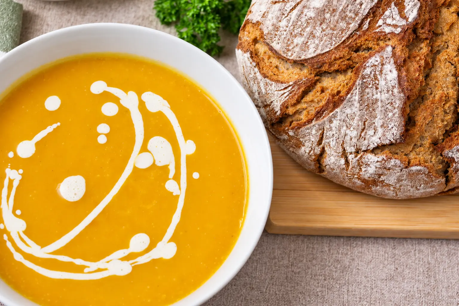 Close-up of creamy pumpkin soup with vegan sour cream swirl and crusty bread